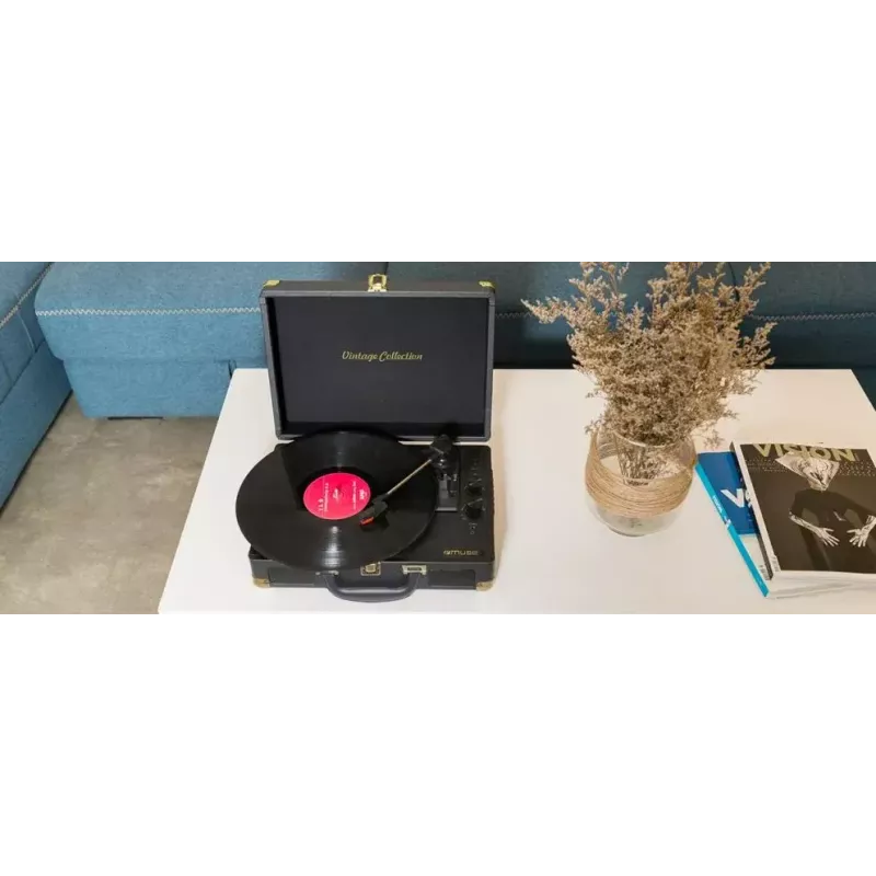 Gira-discos Muse MT-103 GD preto — 33/45/78 rpm, fonte de alimentação AC 100–240 V, compacto 350 × 113 × 255 mm, 2,7–3 kg