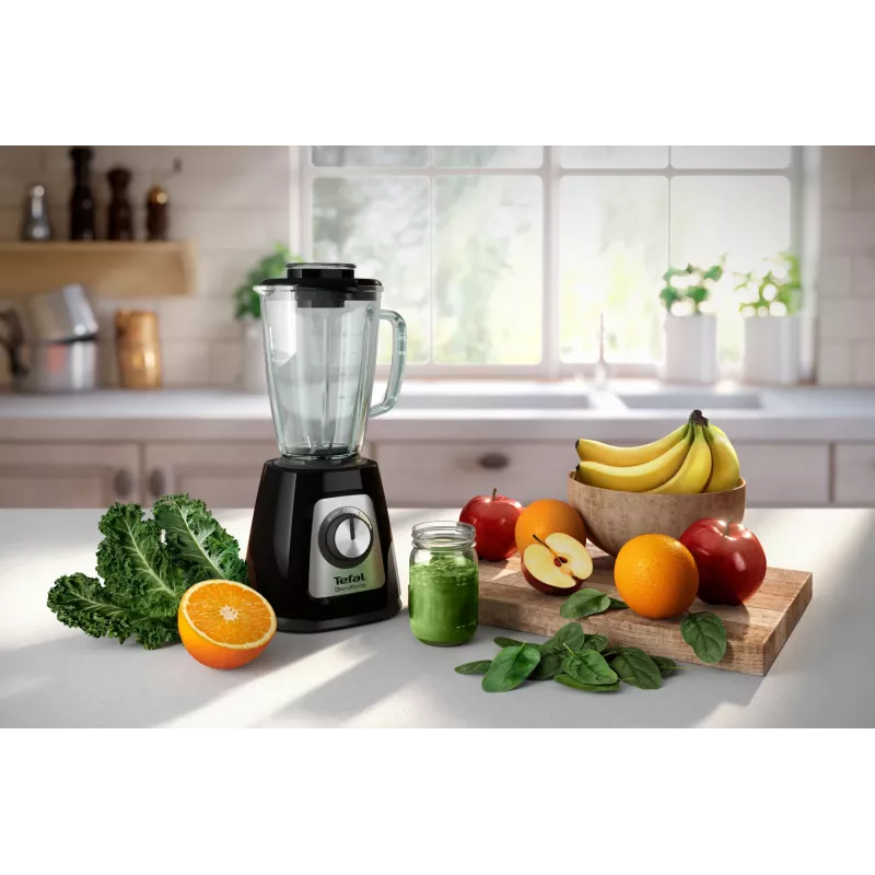 Batedeira de mesa Tefal BL4358 – 800 W, jarro de vidro de 1,25 l, trituração de gelo, preto/aço inoxidável escovado