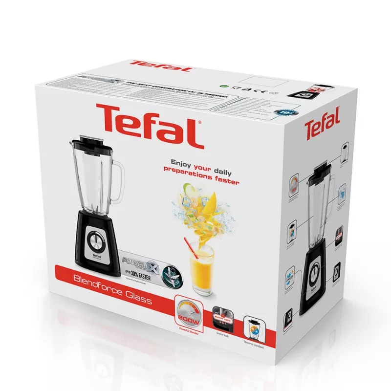 Batedeira de mesa Tefal BL4358 – 800 W, jarro de vidro de 1,25 l, trituração de gelo, preto/aço inoxidável escovado
