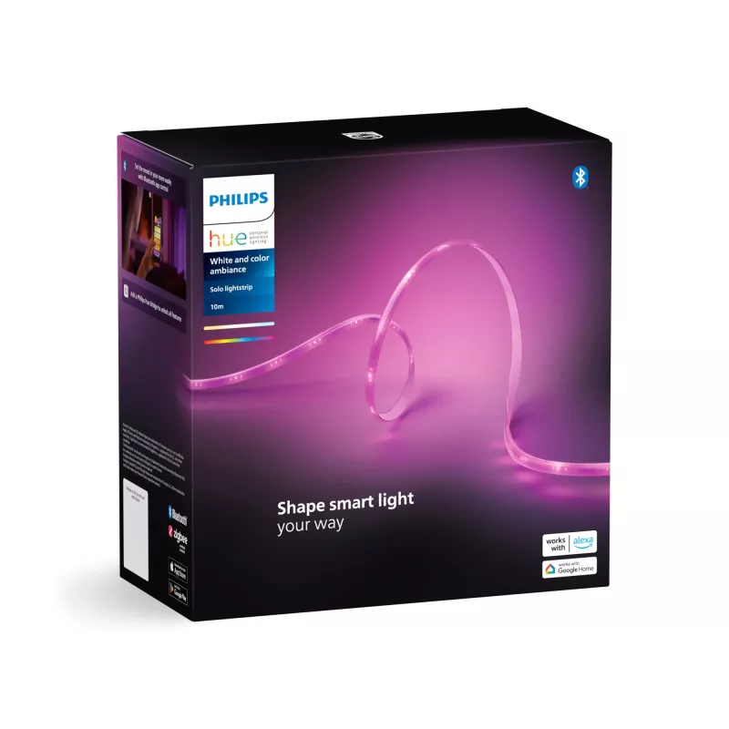 Philips Hue Solo Lightstrip 10 m fita LED, White and Color Ambiance, 20 W, Bluetooth/Zigbee, IP20, cabo de 1,5 m, 14 x 4,5 mm
