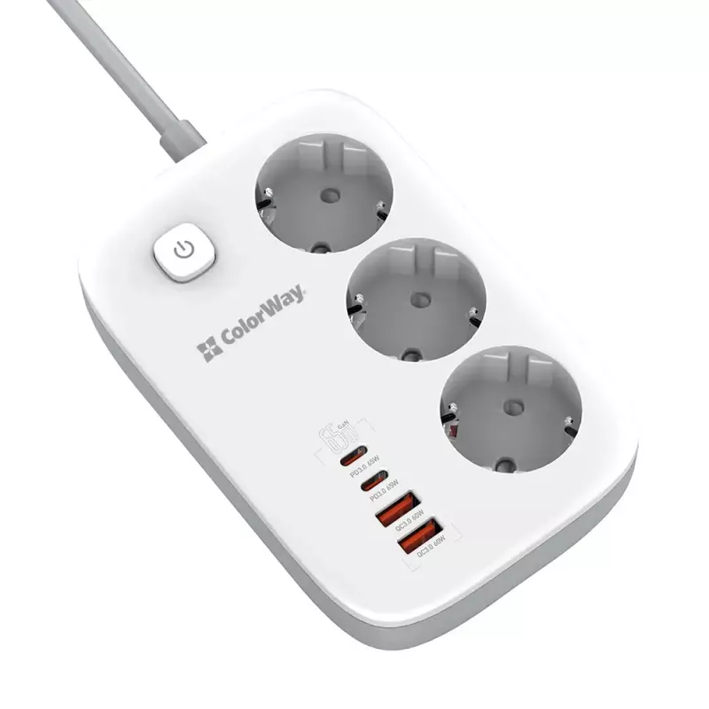 ColorWay CW-CHE34PDW tomada elétrica, 2x USB-C PD, 2x USB-A QC3.0, cabo de 2 m