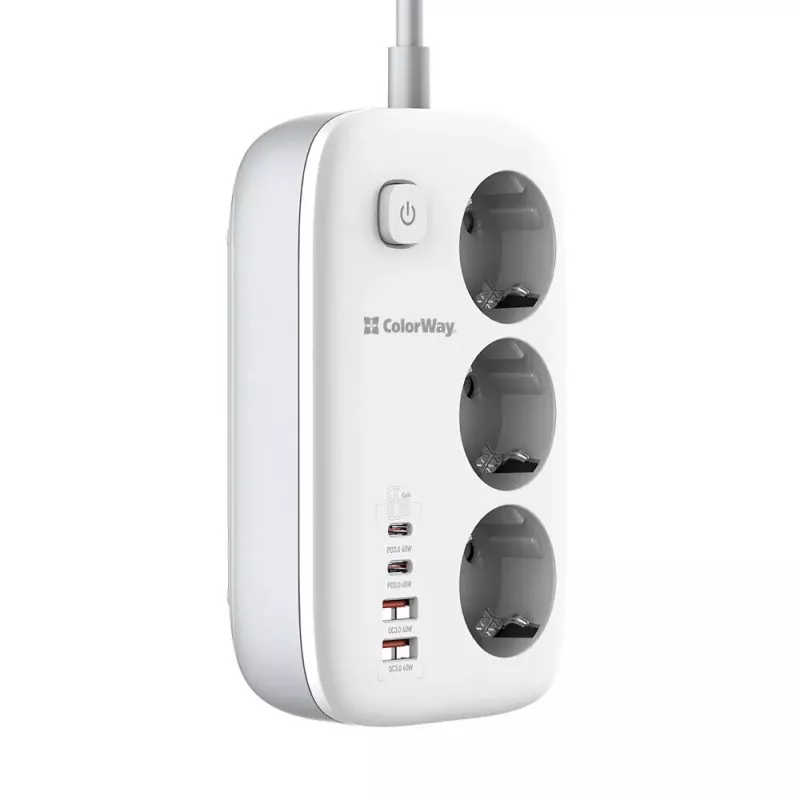ColorWay CW-CHE34PDW tomada elétrica, 2x USB-C PD, 2x USB-A QC3.0, cabo de 2 m