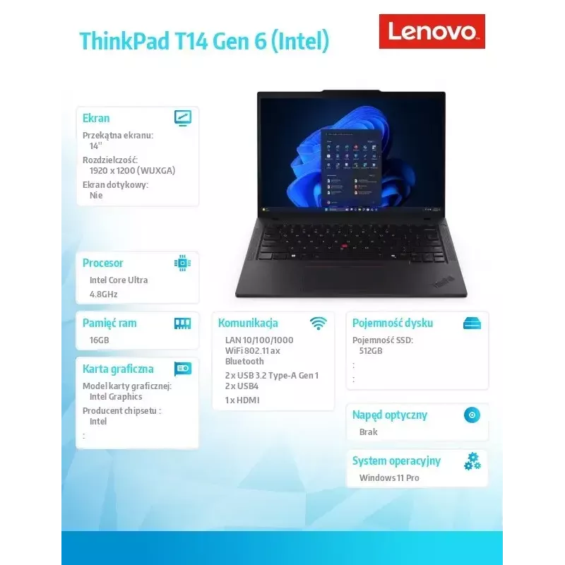 Portátil Lenovo ThinkPad T14 G6 14,0 polegadas Ultra 5 225U 16GB 512GB INT W11Pro Preto