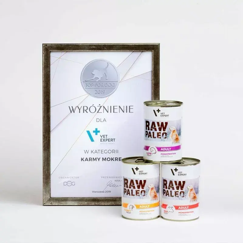 Comida húmida para cães VETEXPERT RAW PALEO Adult monoproteína peru 400 g, sem glúten e sem soja, em caso de intolerância a cereais