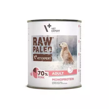Comida húmida para cães VETEXPERT RAW PALEO Adult monoproteína porco 800 g lata, sem cereais, sem glúten e sem soja