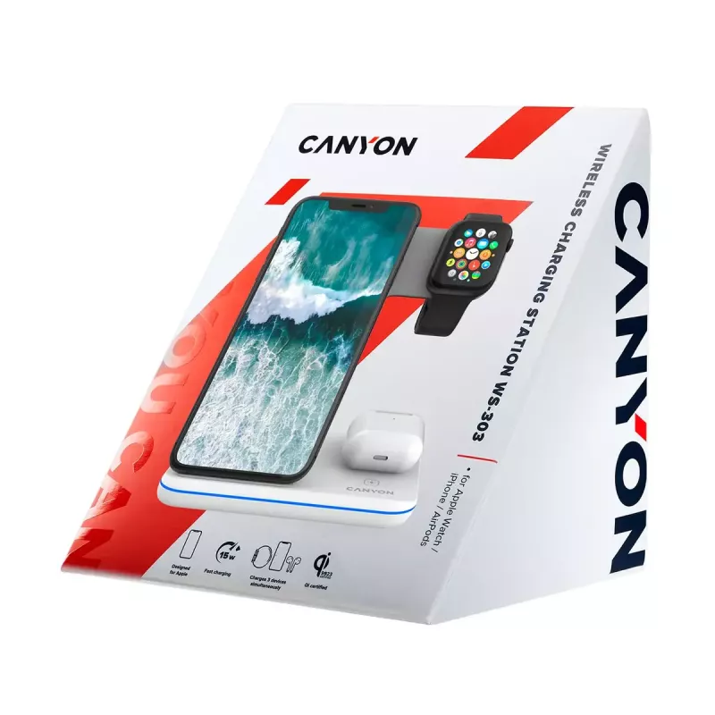 CANYON WS-303 suporte de carregamento sem fios Qi 3 em 1, 15 W, branco (CNS-WCS303W)