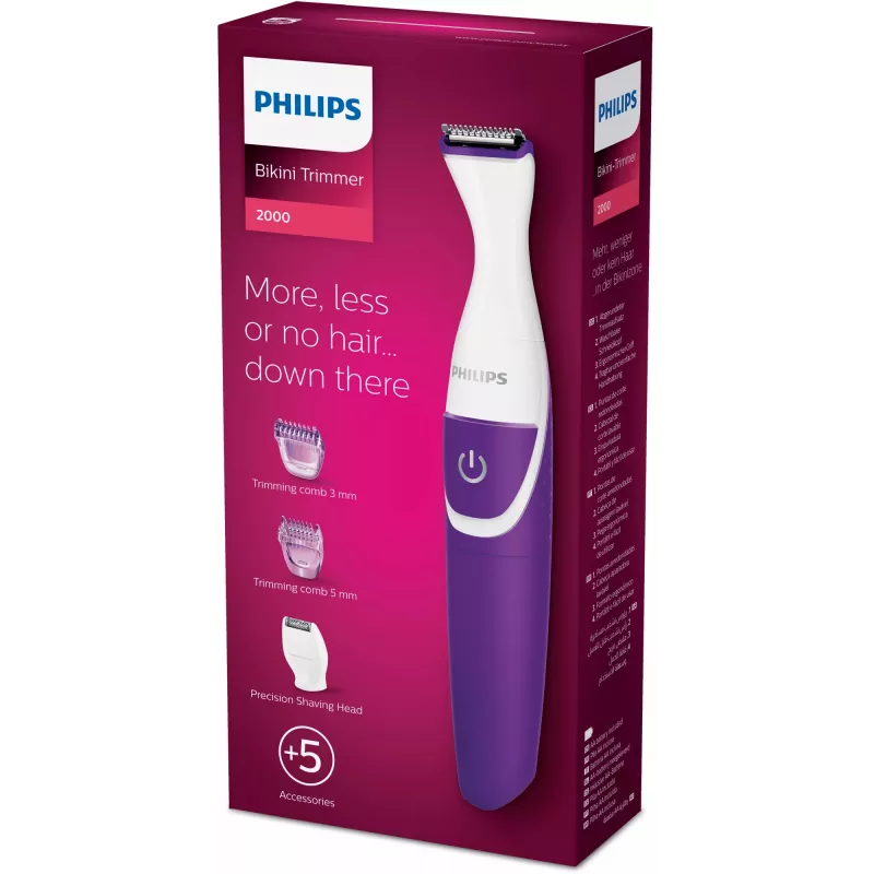Aparador de zona do biquíni Philips Essential BRT383/15, 3 níveis de comprimento, pilha AA, 120 min de autonomia, branco/violeta