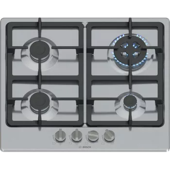 Placa de gás de encastrar Bosch Serie 4 PGH6B5K90, 4 zonas em aço inoxidável, 60 cm, botões rotativos, queimador wok