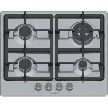 Placa de gás de encastrar Bosch Serie 4 PGH6B5K90, 4 zonas em aço inoxidável, 60 cm, botões rotativos, queimador wok