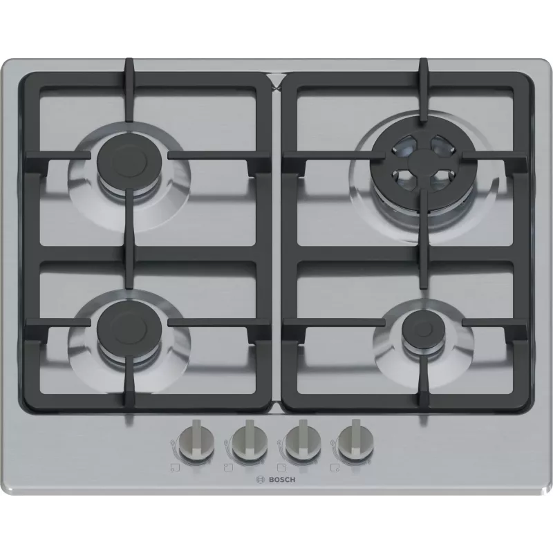 Placa de gás de encastrar Bosch Serie 4 PGH6B5K90, 4 zonas em aço inoxidável, 60 cm, botões rotativos, queimador wok