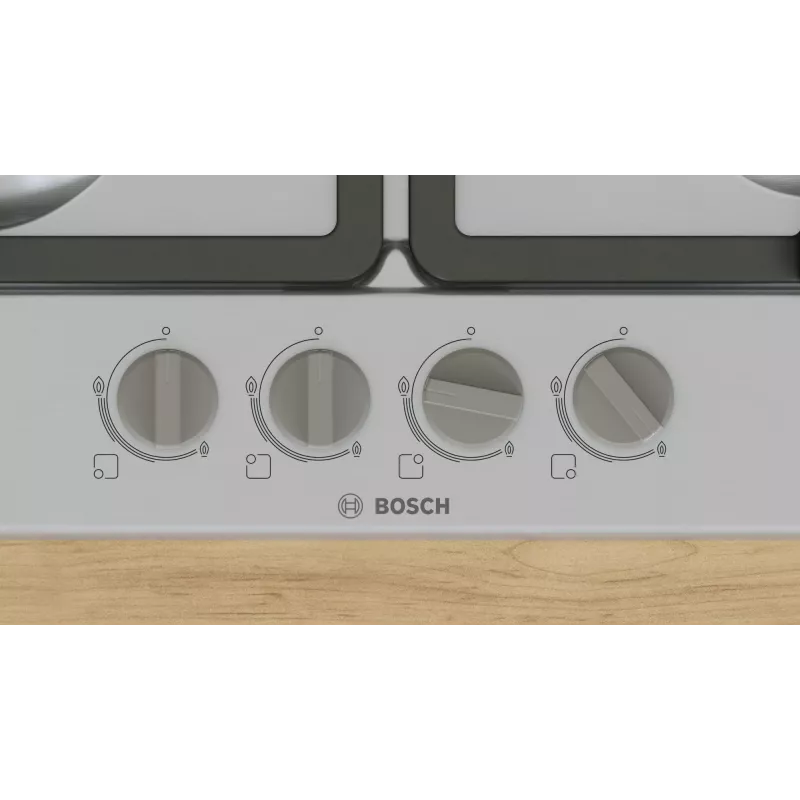 Placa de gás de encastrar Bosch Serie 4 PGH6B5K90, 4 zonas em aço inoxidável, 60 cm, botões rotativos, queimador wok