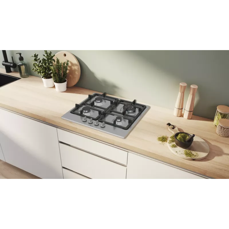 Placa de gás de encastrar Bosch Serie 4 PGH6B5K90, 4 zonas em aço inoxidável, 60 cm, botões rotativos, queimador wok