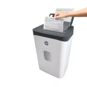 Destruidora de documentos HP ONESHRED Auto 200CC — alimentação automática para 200 folhas, corte micro P-4, recipiente de 28 litros, branco e cinzento