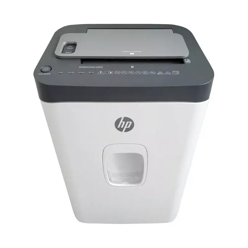 Destruidora de documentos HP ONESHRED Auto 200CC — alimentação automática para 200 folhas, corte micro P-4, recipiente de 28 litros, branco e cinzento