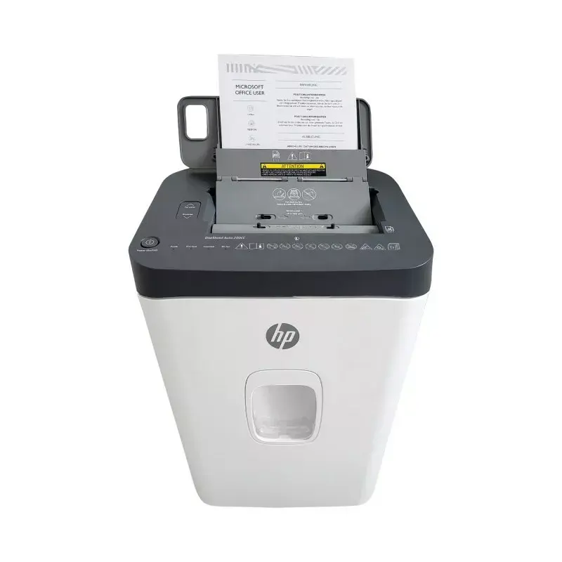 Destruidora de documentos HP ONESHRED Auto 200CC — alimentação automática para 200 folhas, corte micro P-4, recipiente de 28 litros, branco e cinzento