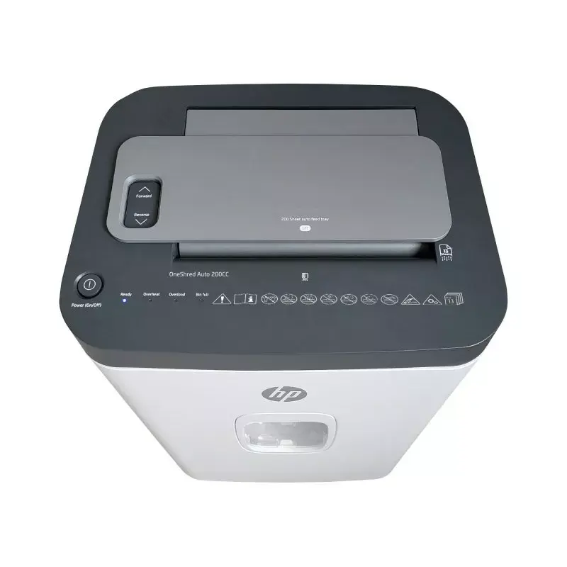 Destruidora de documentos HP ONESHRED Auto 200CC — alimentação automática para 200 folhas, corte micro P-4, recipiente de 28 litros, branco e cinzento