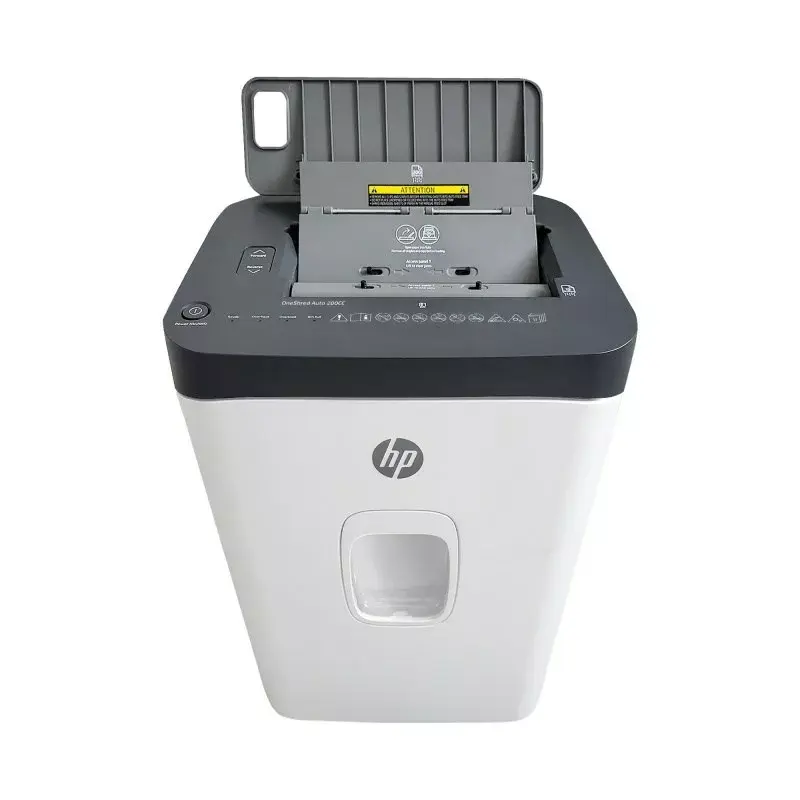 Destruidora de documentos HP ONESHRED Auto 200CC — alimentação automática para 200 folhas, corte micro P-4, recipiente de 28 litros, branco e cinzento