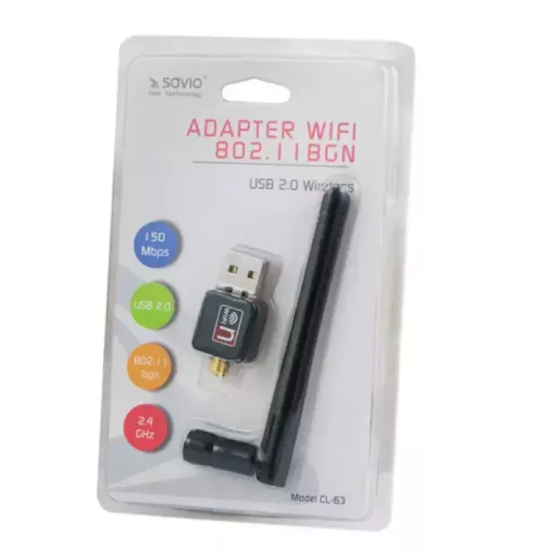 Adaptador USB Wi-Fi SAVIO CL-63, Single-Band 2,4 GHz, 150 Mbit/s, Realtek RTL8188CU, antena externa, USB 2.0