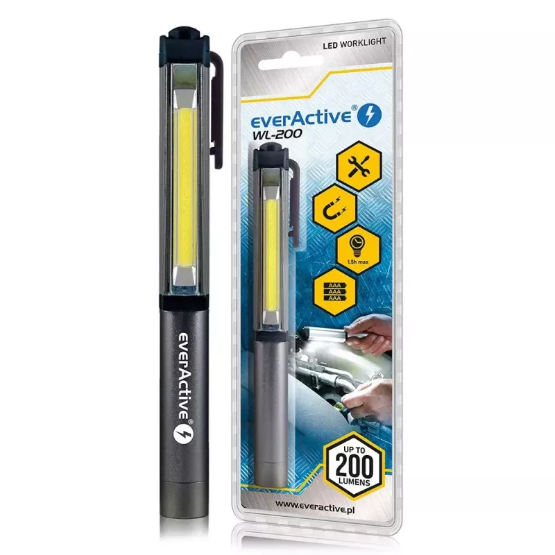 everActive WL-200 lanterna de trabalho de inspeção COB LED, 3 W, 200 lm, IP44, alumínio, ímanes e clipe, 3×AAA