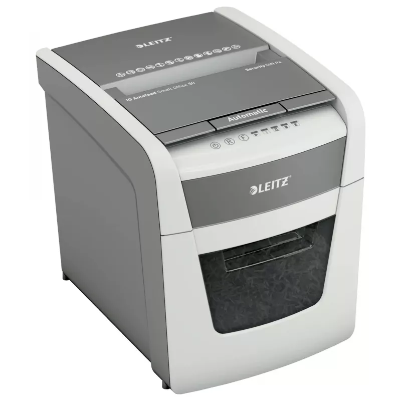 Destruidora de documentos LEITZ IQ Autofeed Small Office50 P4 — corte micro 4x28 mm, autofeed de 50 folhas, entrada de 22 cm, depósito de 20 L