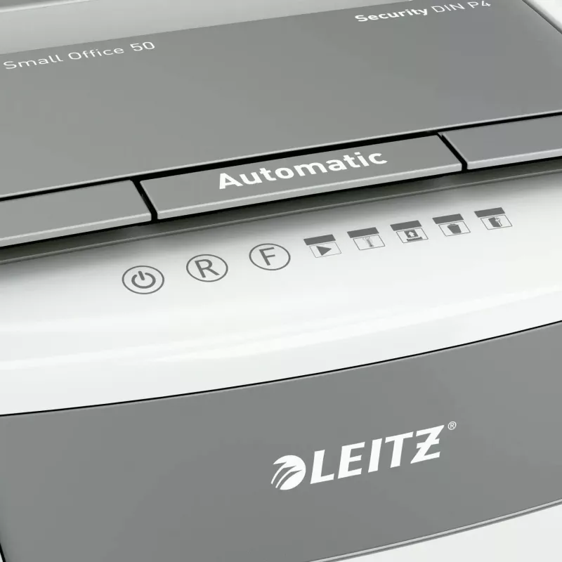Destruidora de documentos LEITZ IQ Autofeed Small Office50 P4 — corte micro 4x28 mm, autofeed de 50 folhas, entrada de 22 cm, depósito de 20 L