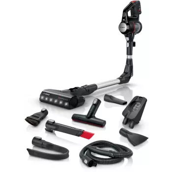 Aspirador vertical Bosch BCS711PET — sem fios 18 V, 40 min de autonomia, 0,3 l sem saco, para pavimentos duros e tapetes, vermelho/preto