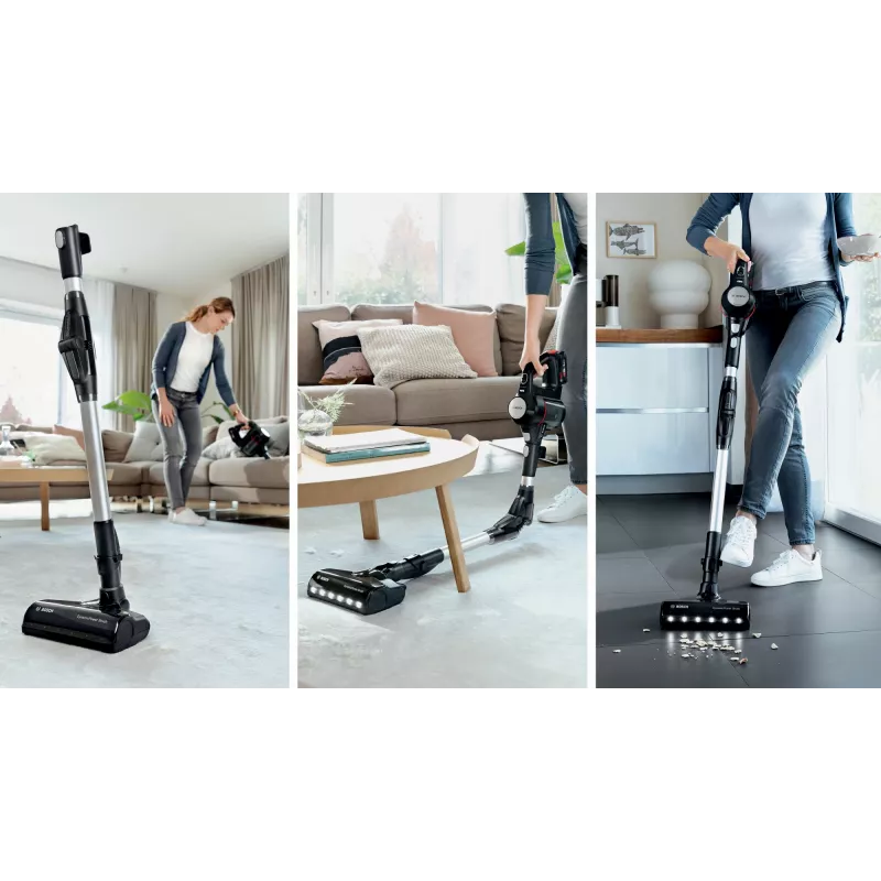 Aspirador vertical Bosch BCS711PET — sem fios 18 V, 40 min de autonomia, 0,3 l sem saco, para pavimentos duros e tapetes, vermelho/preto