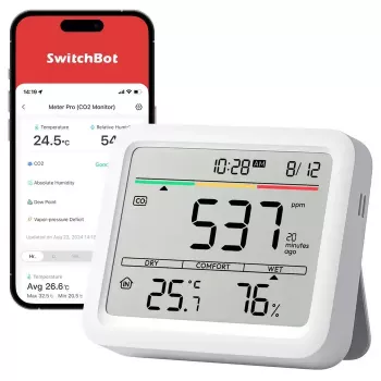 Monitor CO2 SwitchBot Meter Pro — medição de CO2, temperatura e humidade, LCD, pilha (AA), caixa ABS, 5 V, intervalo de temperatura -20–80°C