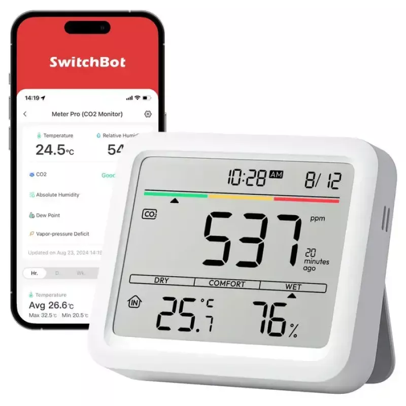 Monitor CO2 SwitchBot Meter Pro — medição de CO2, temperatura e humidade, LCD, pilha (AA), caixa ABS, 5 V, intervalo de temperatura -20–80°C