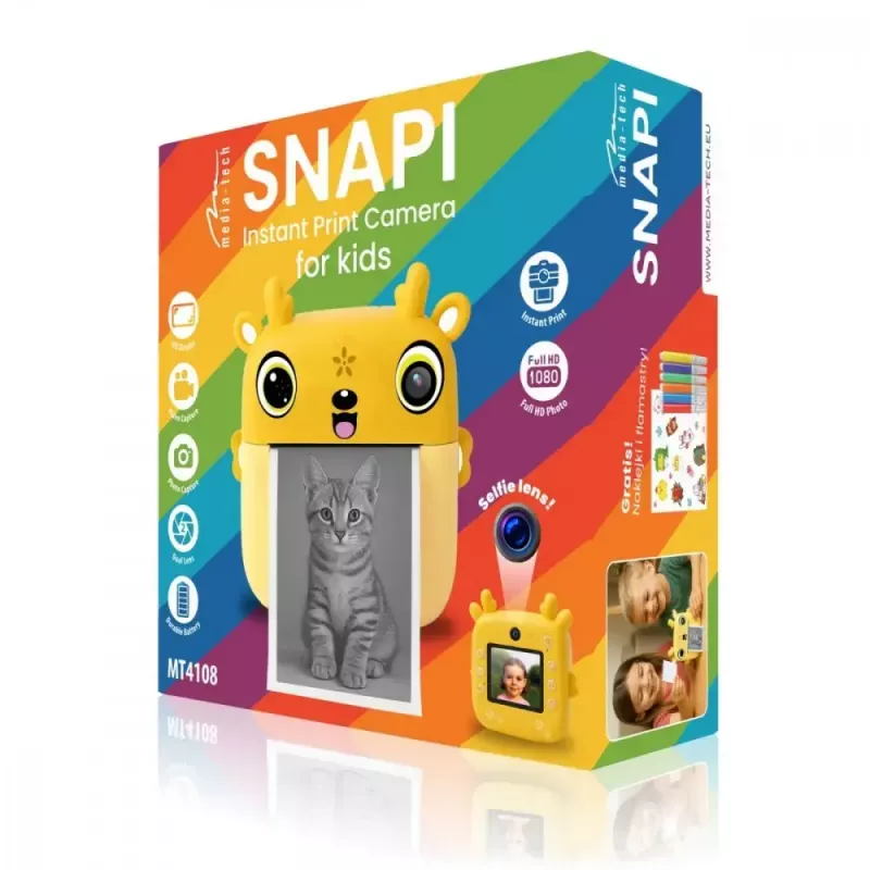 Máquina fotográfica digital para criança MEDIA-TECH SNAPI MT4108 — 8 MP interpolados, LCD 1280x720, 1000 mAh, USB-C, slot microSD, amarelo