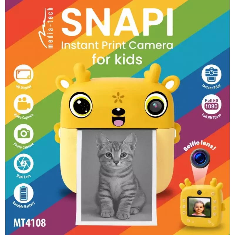 Máquina fotográfica digital para criança MEDIA-TECH SNAPI MT4108 — 8 MP interpolados, LCD 1280x720, 1000 mAh, USB-C, slot microSD, amarelo