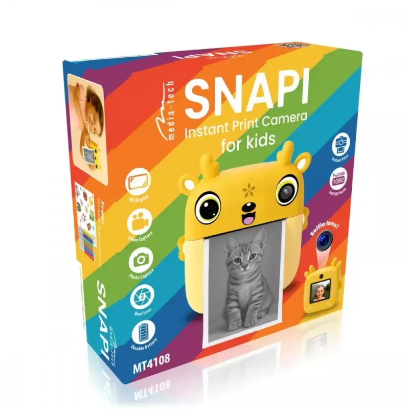 Máquina fotográfica digital para criança MEDIA-TECH SNAPI MT4108 — 8 MP interpolados, LCD 1280x720, 1000 mAh, USB-C, slot microSD, amarelo
