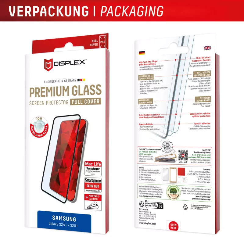 Displex protetor de ecrã Full Cover (10H) para Samsung Galaxy S24+/S25+, moldura de montagem Eco, Full Cover