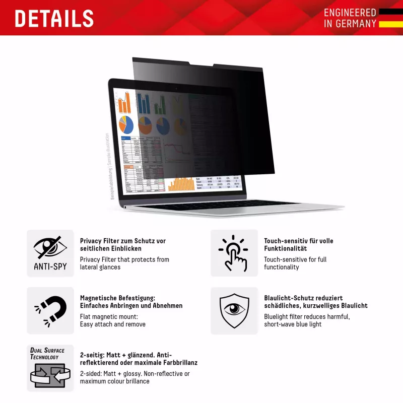 Filtro de privacidade magnético de 2 vias Displex PRIVACY SAFE para MacBook Air 13,6''