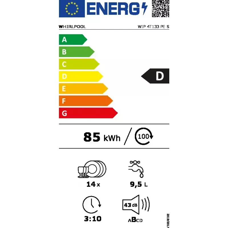 Máquina de lavar loiça de encastrar WHIRLPOOL WIP 4T133 PE S — 14 conjuntos de louça, 60 cm, 43 dB, classe energética D