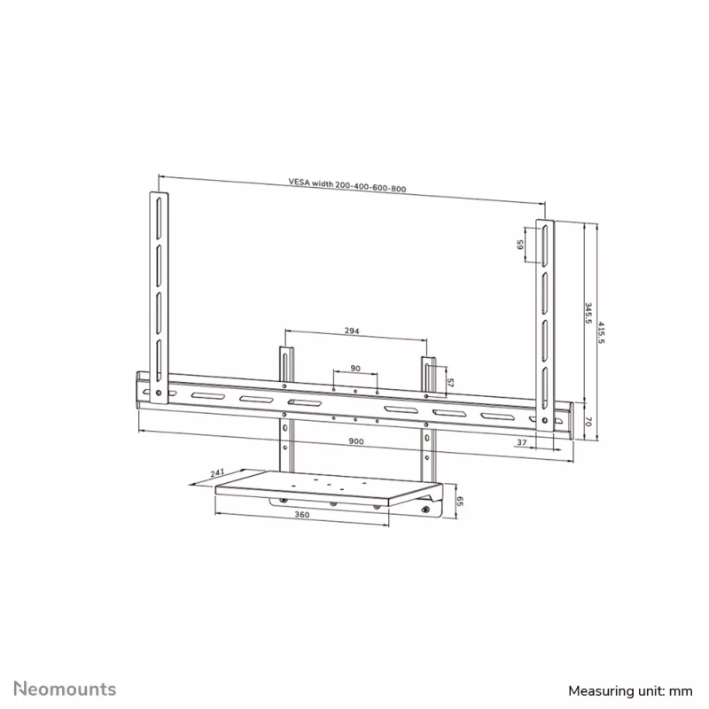 Kit de suporte para portátil Neomounts AV45-500BL para ecrãs de 43 a 110 polegadas, VESA até 600x400, máx. 2,5 kg, 900×242×640 mm