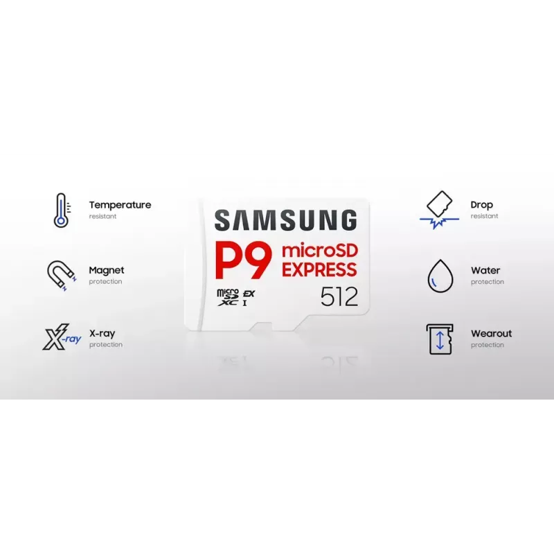 Cartão de memória microSDXC Samsung P9 Express 256 GB — UHS-I, velocidade de leitura 800 MB/s, V30, U1, durável