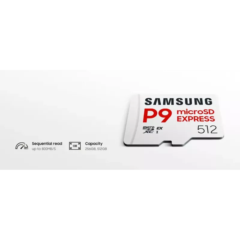 Cartão de memória microSDXC Samsung P9 Express 512 GB, UHS-I, leitura 800 MB/s, V30, U1, branco