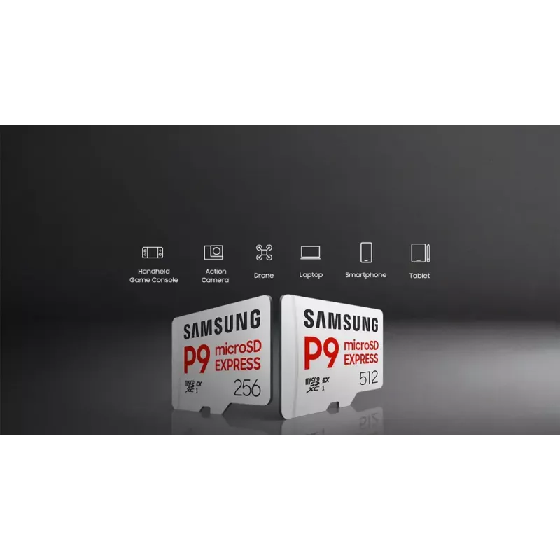 Cartão de memória microSDXC Samsung P9 Express 512 GB, UHS-I, leitura 800 MB/s, V30, U1, branco
