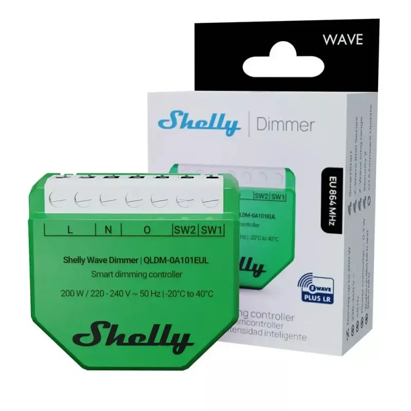 Controlador de dimmer inteligente Shelly Wave Dimmer EU LR — 2 canais, sem neutro, 220–240V, LED até 150W, lâmpadas incandescentes até 200W, 864–868.4 MHz