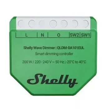 Controlador de dimmer inteligente Shelly Wave Dimmer EU LR — 2 canais, sem neutro, 220–240V, LED até 150W, lâmpadas incandescentes até 200W, 864–868.4 MHz