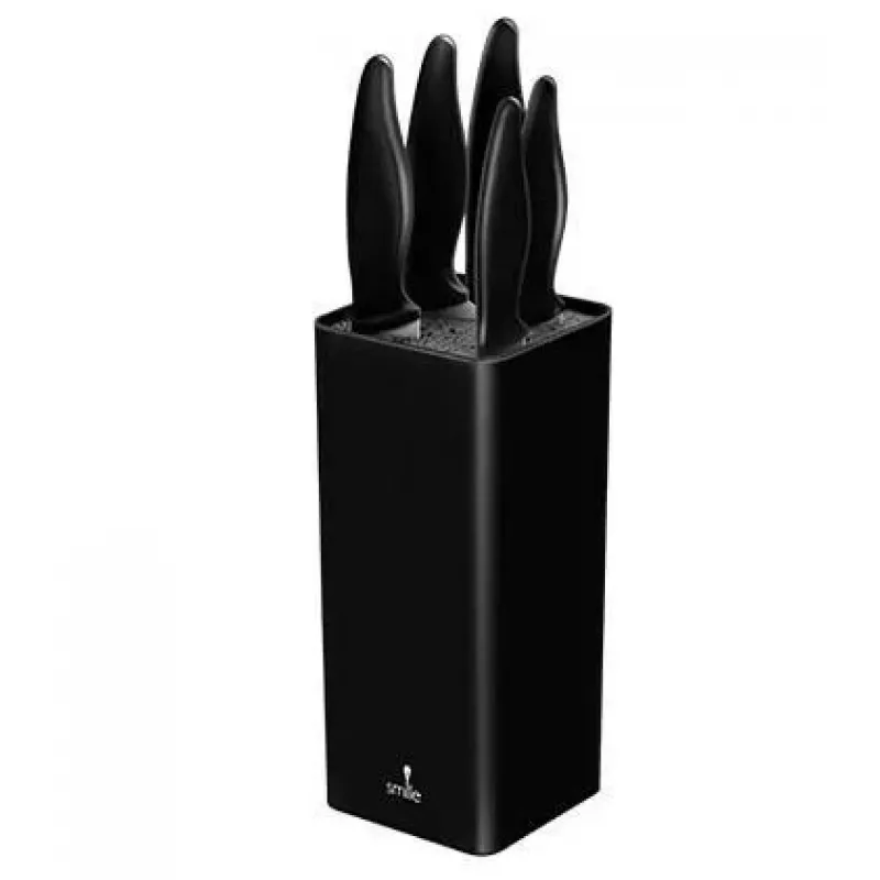 Conjunto de facas de cozinha Smile SNS-6 – bloco preto de 6 peças, 5 facas com lâminas pretas antiaderentes, cabos soft-touch em plástico preto