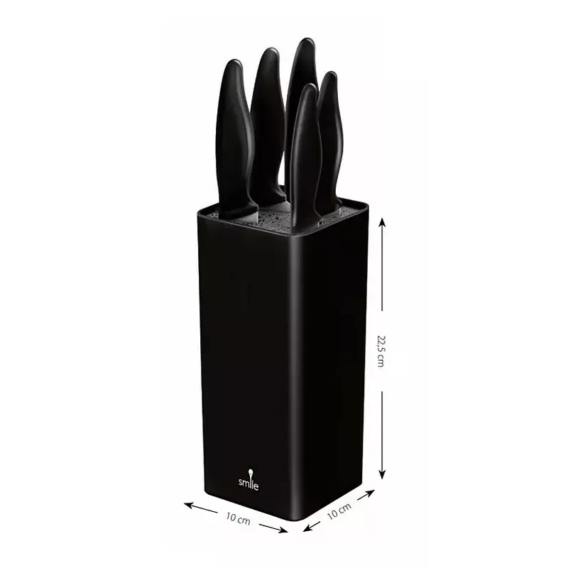 Conjunto de facas de cozinha Smile SNS-6 – bloco preto de 6 peças, 5 facas com lâminas pretas antiaderentes, cabos soft-touch em plástico preto