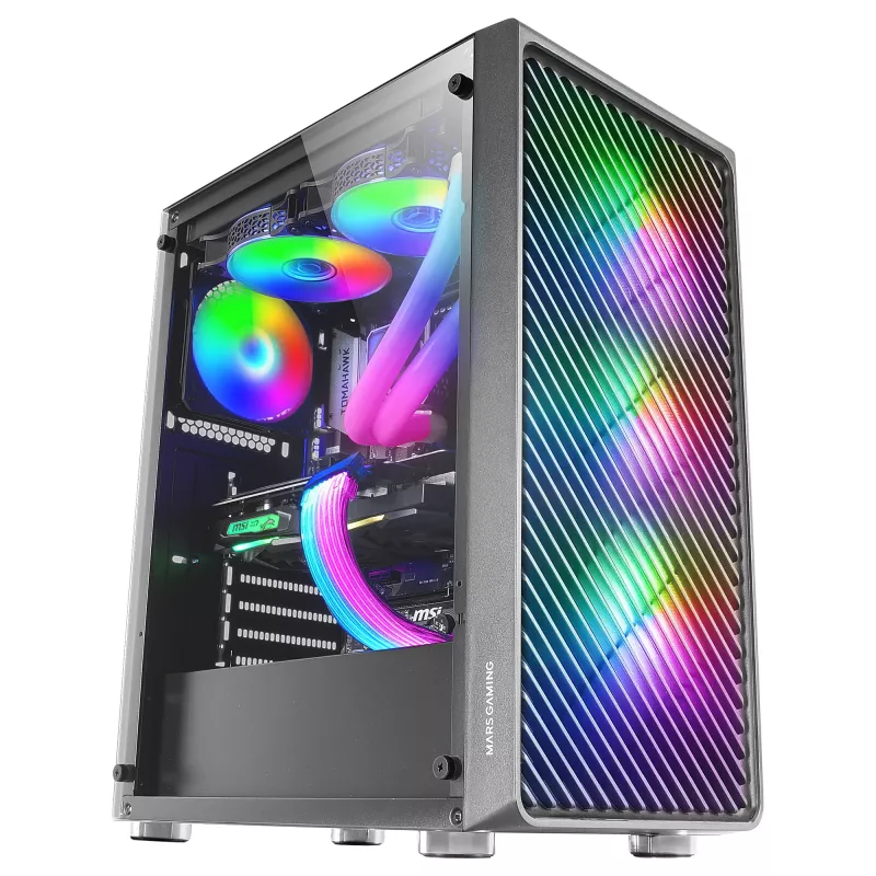 Mars Gaming MC-F Preto, semitorre Gaming ATX, janela lateral em vidro temperado, frente em malha metálica, 4 ventoinhas ARGB de 120mm