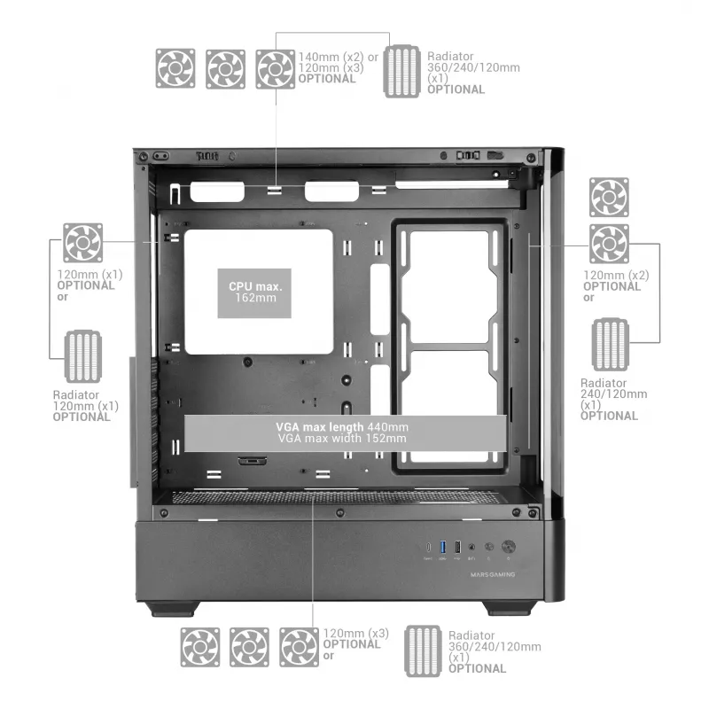 Caixa de PC TACENS Mars Gaming MCLCDPRO Midi Tower – Preto, ecrã IPS de 7,2 polegadas, fonte de alimentação em baixo, suporte ATX/Micro‑ATX/Mini‑ITX