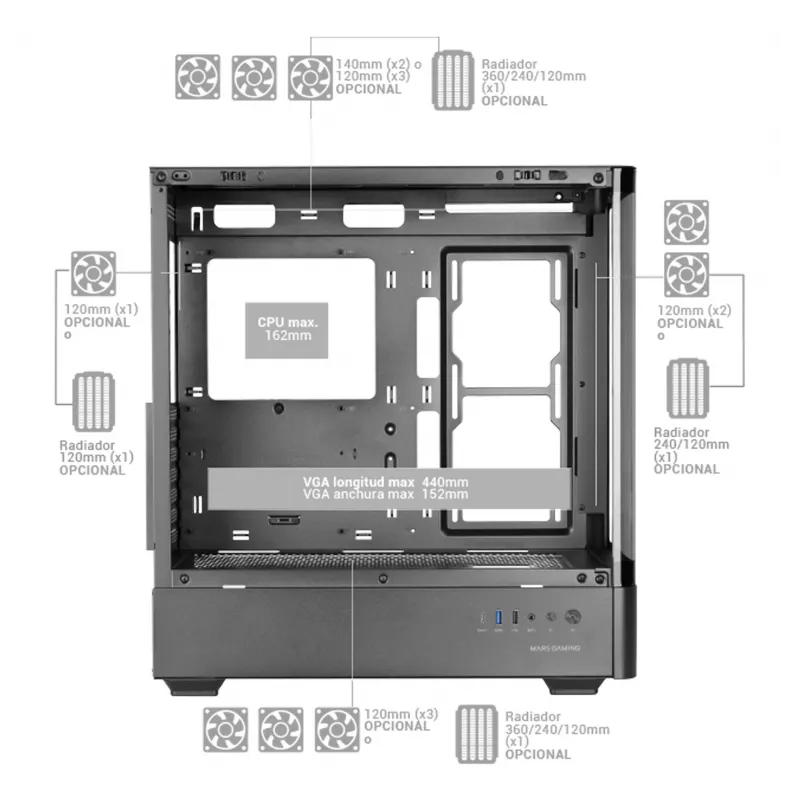 Caixa de PC TACENS Mars Gaming MCLCDPRO Midi Tower – Preto, ecrã IPS de 7,2 polegadas, fonte de alimentação em baixo, suporte ATX/Micro‑ATX/Mini‑ITX