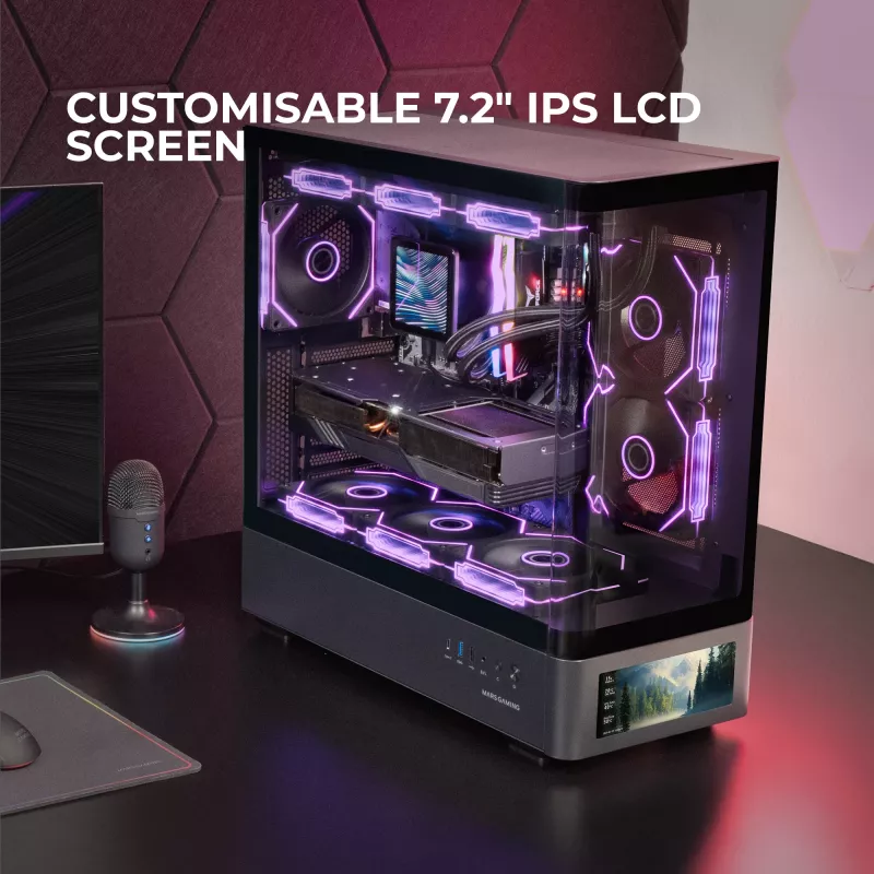 Caixa de PC TACENS Mars Gaming MCLCDPRO Midi Tower – Preto, ecrã IPS de 7,2 polegadas, fonte de alimentação em baixo, suporte ATX/Micro‑ATX/Mini‑ITX
