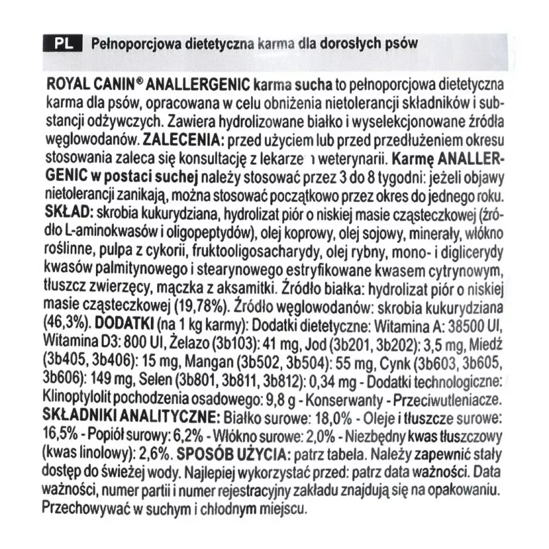 Comida seca para cães Royal Canin Anallergenic 8 kg — receita hipoalergénica de aves para adultos, sem glúten, sem lactose