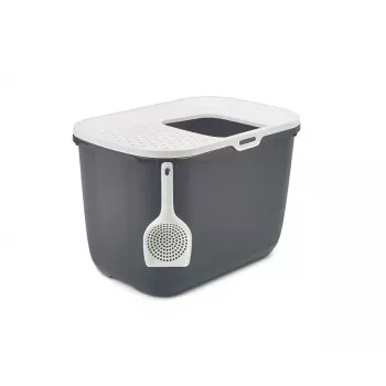 Caixa de areia para gatos com entrada superior Savic Hop In, plástico, antracite/branco, 585×390×395 mm