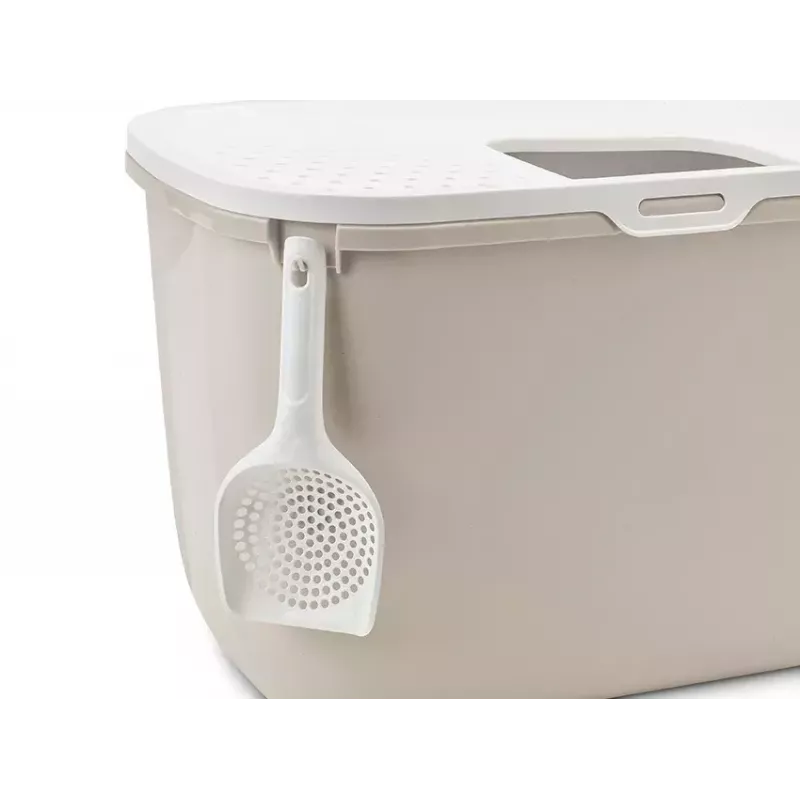 Caixa de areia para gatos com entrada superior Savic Hop In, plástico, bege/branco, 585×390×395 mm